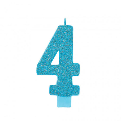 CANDLE LARGE NUMERAL GLITTER #4 CARIBBEAN BLUE