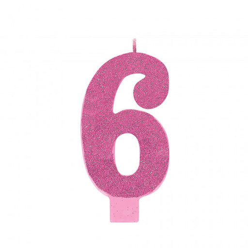 CANDLE LARGE NUMERAL GLITTER #6 PINK