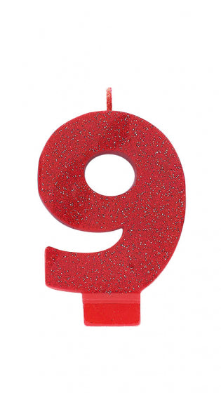 CANDLE NUMERAL GLITTER #9 RED