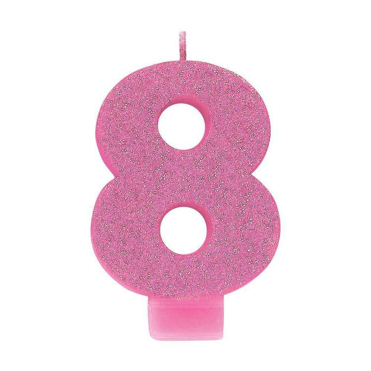 #8 Pink Glitter Numeral Candle — Fast Direct Packaging